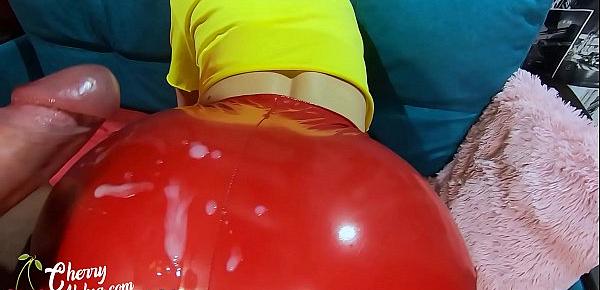  Sexy Milf Deep Sucking Big Cock Lover - Cum on Red Latex Pants